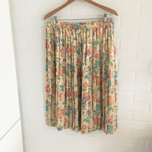 Vintage Midi skirt Pleated Satin Floral print Fairy Cream Peach Aqua purple L - Picture 6 of 12